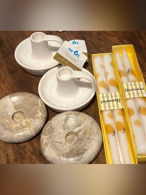 White Ceramic Chamberstick Candle Holders with Lemon Taper Candles